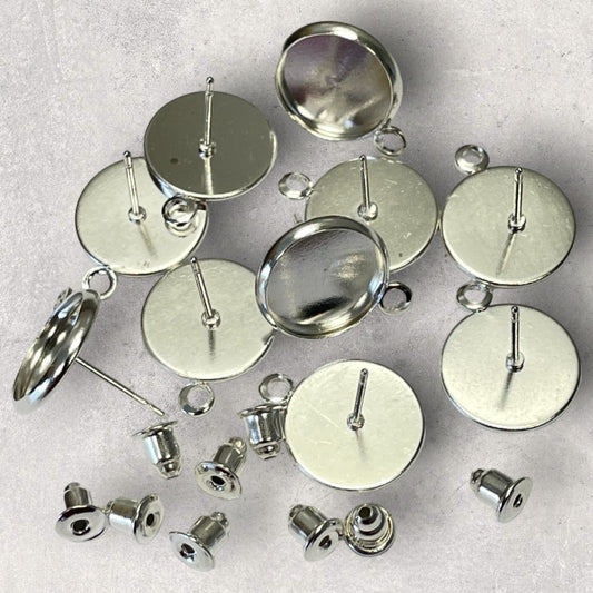 Silver 12mm Stud Cabochon Tray Drop Earring Connector Findings - 12mm dia - 6 ea (3 pair)