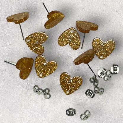 Acrylic Stud Earring - Heart Glitter Gold - 12mm