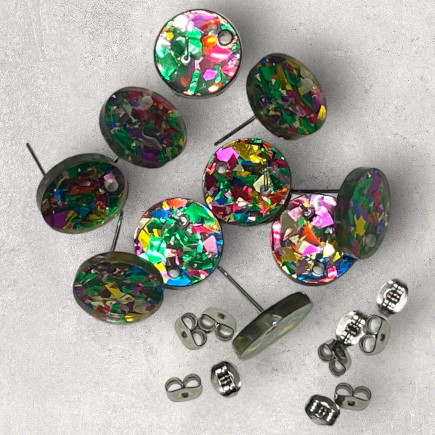 Acrylic Stud Earring - Round Confetti Glitter Green - 14mm