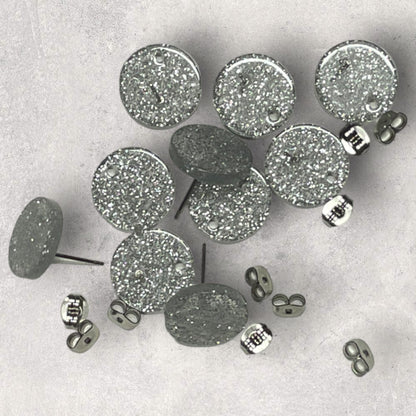 Acrylic Stud Earring - Round Glitter Silver - 14mm