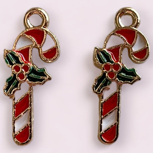 Christmas Candy Cane Enamel Charms - 2ea (1 pair)