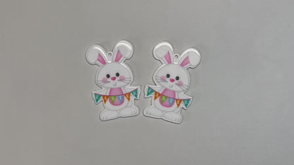 Easter Bunny with Banner - Planar Resin Flatback With Holes - 2ea (1 pair)