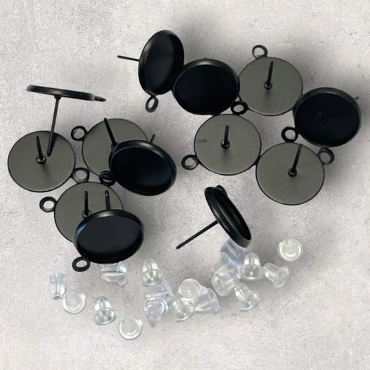 Black 12mm Stud Cabochon Tray Drop Earring Connector Findings - 12mm dia - 6 ea (3 pair)
