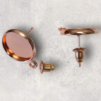 Rose Gold 12mm Stud Cabochon Tray Drop Earring Connector Findings - 12mm dia - 6 ea (3 pair)