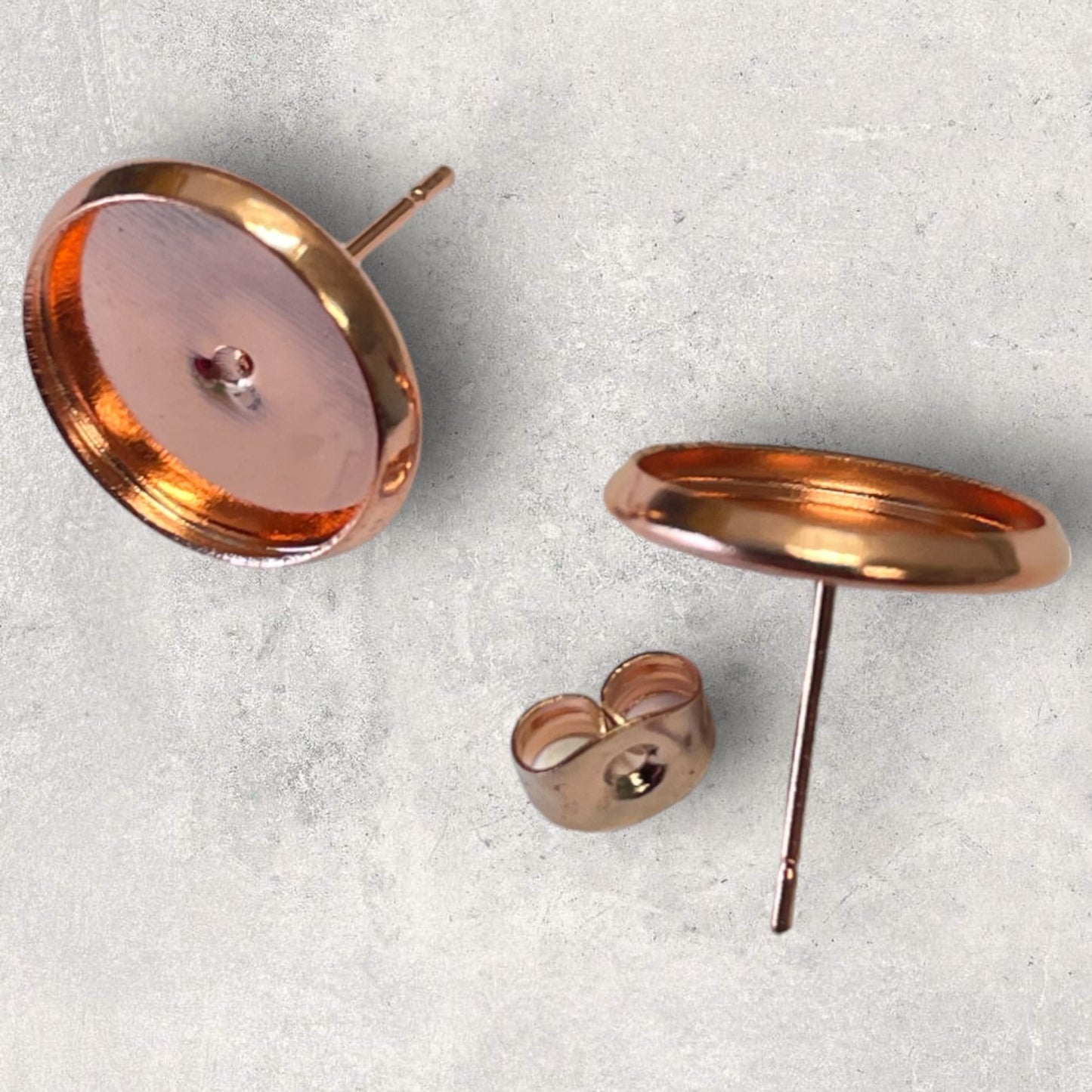 Rose Gold plate 12mm Stud Cabochon Tray Earring Findings - 12mm dia - 6 ea (3 pair)