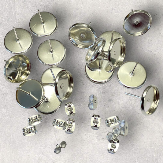 Silver plate 12mm Stud Cabochon Tray Earring Findings - 12mm dia - 6 ea (3 pair)