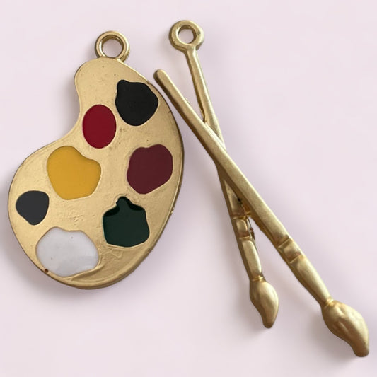Artists Palette and Brushes Enamel Charms - 1 Set (2 pieces)