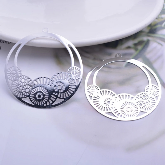 Silver Tone Floral Basket Filigree Earring Charm - 2ea (1 pair)
