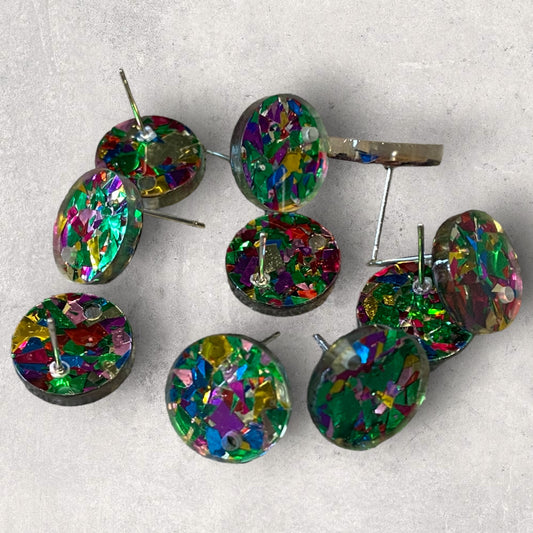 Acrylic Stud Earring - Round Confetti Glitter Green - 14mm