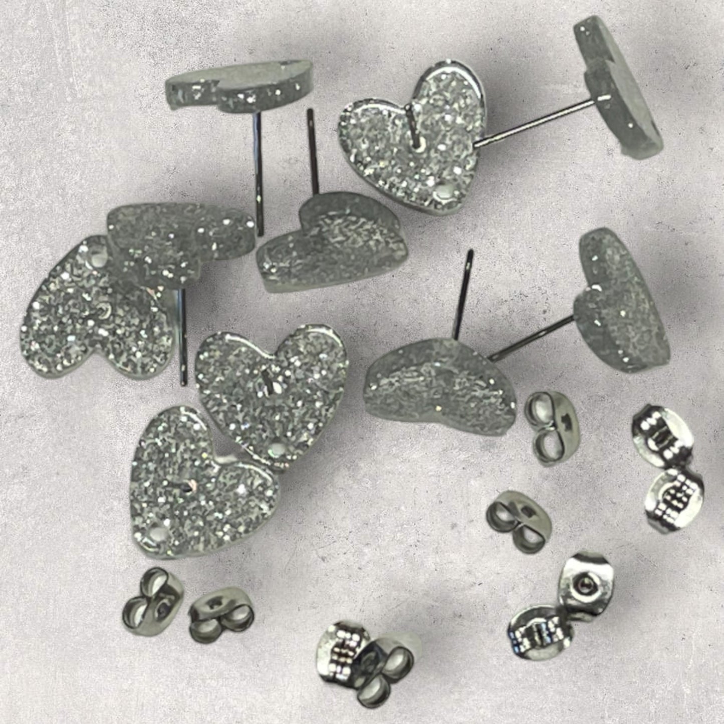 Acrylic Stud Earring - Heart Glitter Silver - 12mm