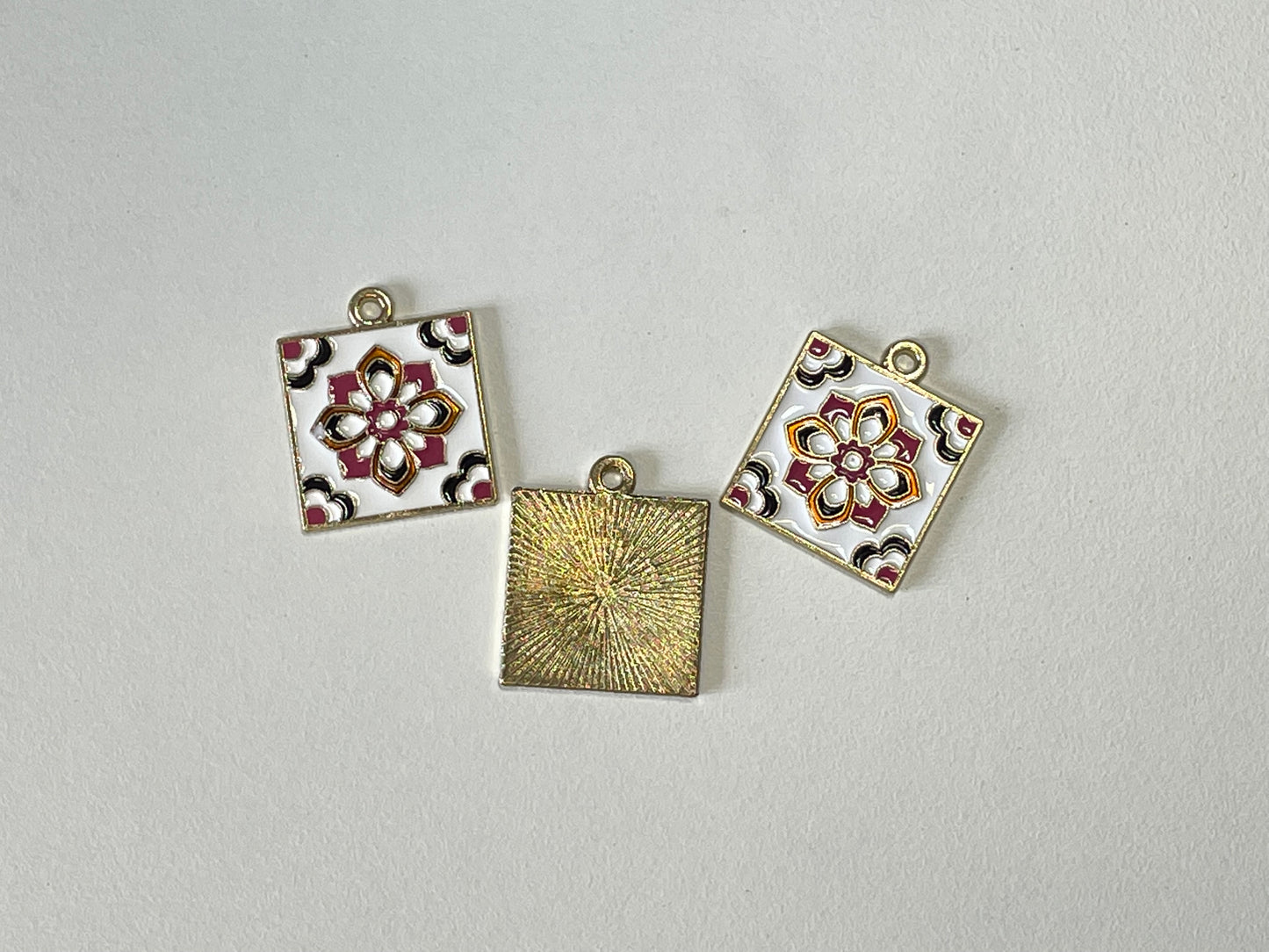 Bohemian Floral Square Tile - Painted Jewellery Enamel Charm -2 ea (1 pair)