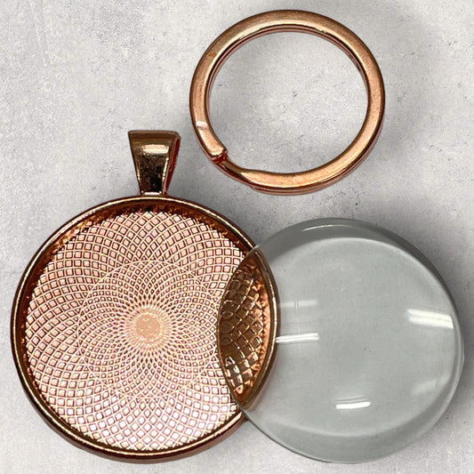 Keyring set - Rose Gold 30mm round cabochon tray glass dome and loop