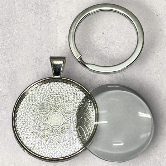 Keyring set - Silver 30mm round cabochon tray glass dome and loop