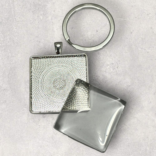 Keyring set - Silver 30mm square cabochon tray glass dome and loop