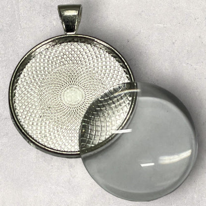Keyring set - Silver 30mm round cabochon tray glass dome and loop