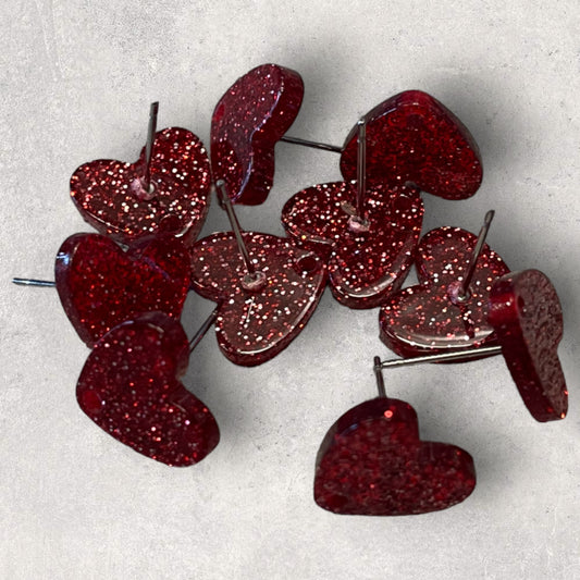 Acrylic Stud Earring - Heart Glitter Red- 12mm