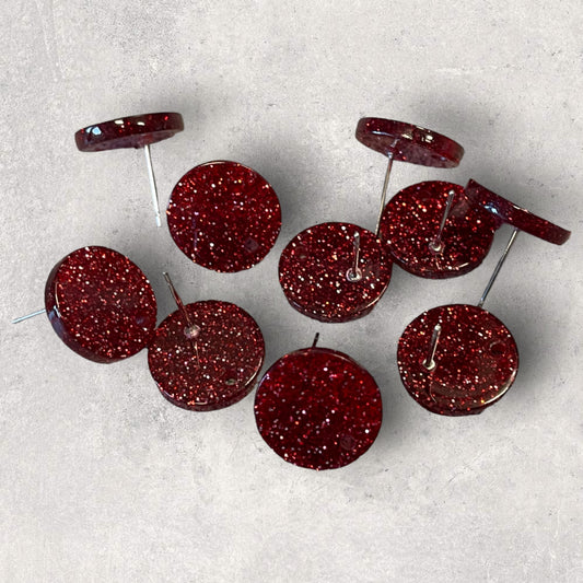 Acrylic Stud Earring - Round Glitter Red- 14mm