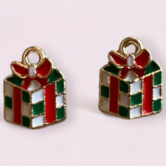 Christmas Present / Gift Enamel Charms - 2ea (1 pair)