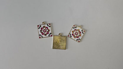 Bohemian Floral Square Tile - Painted Jewellery Enamel Charm -2 ea (1 pair)